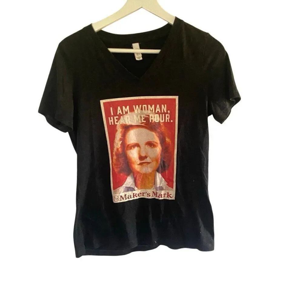 Bella Makers Mark shirt sleeve gray I am woman hear me pour vneck small